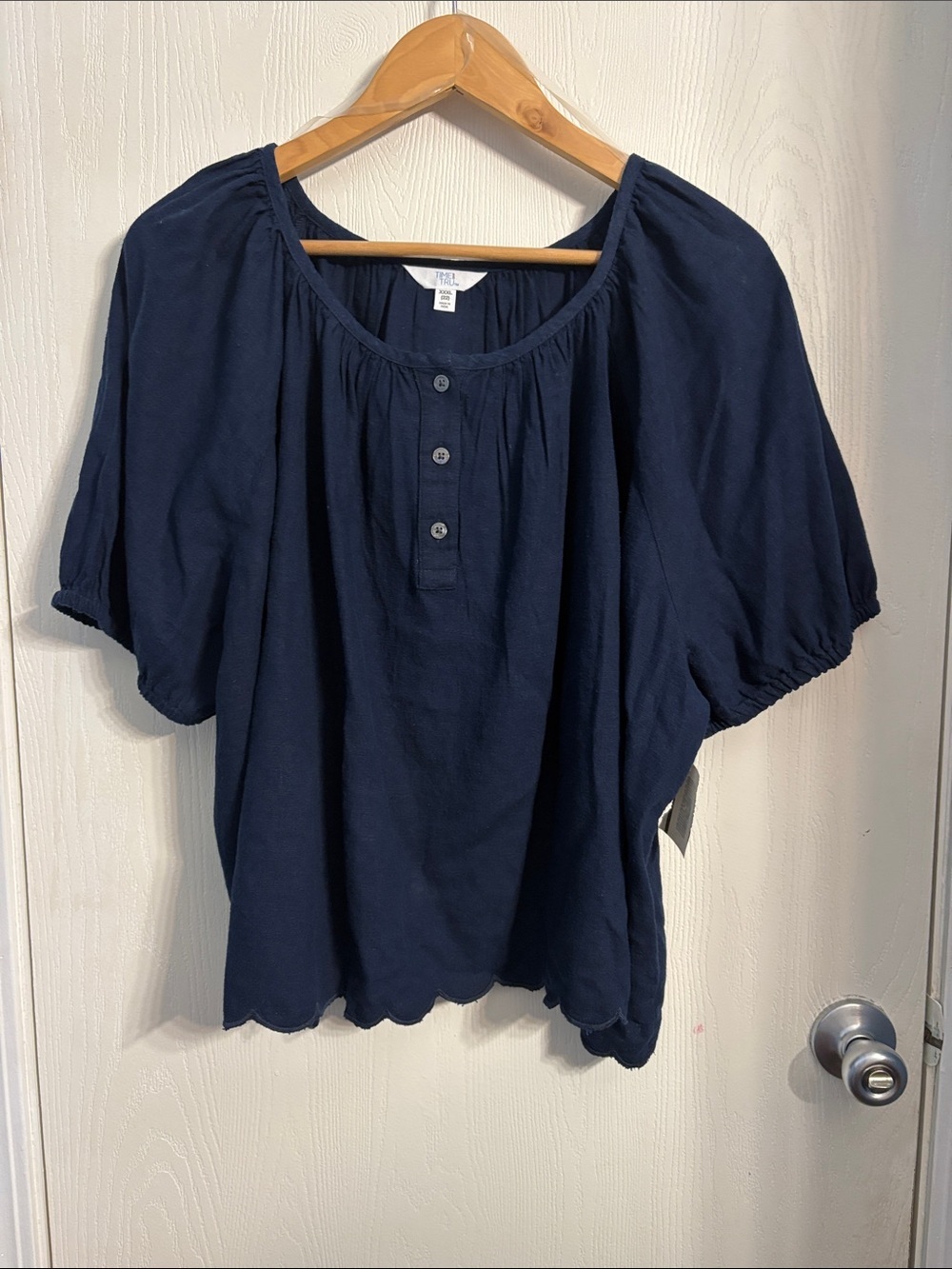 Time and Tru Navy Button-Front Peasant Top